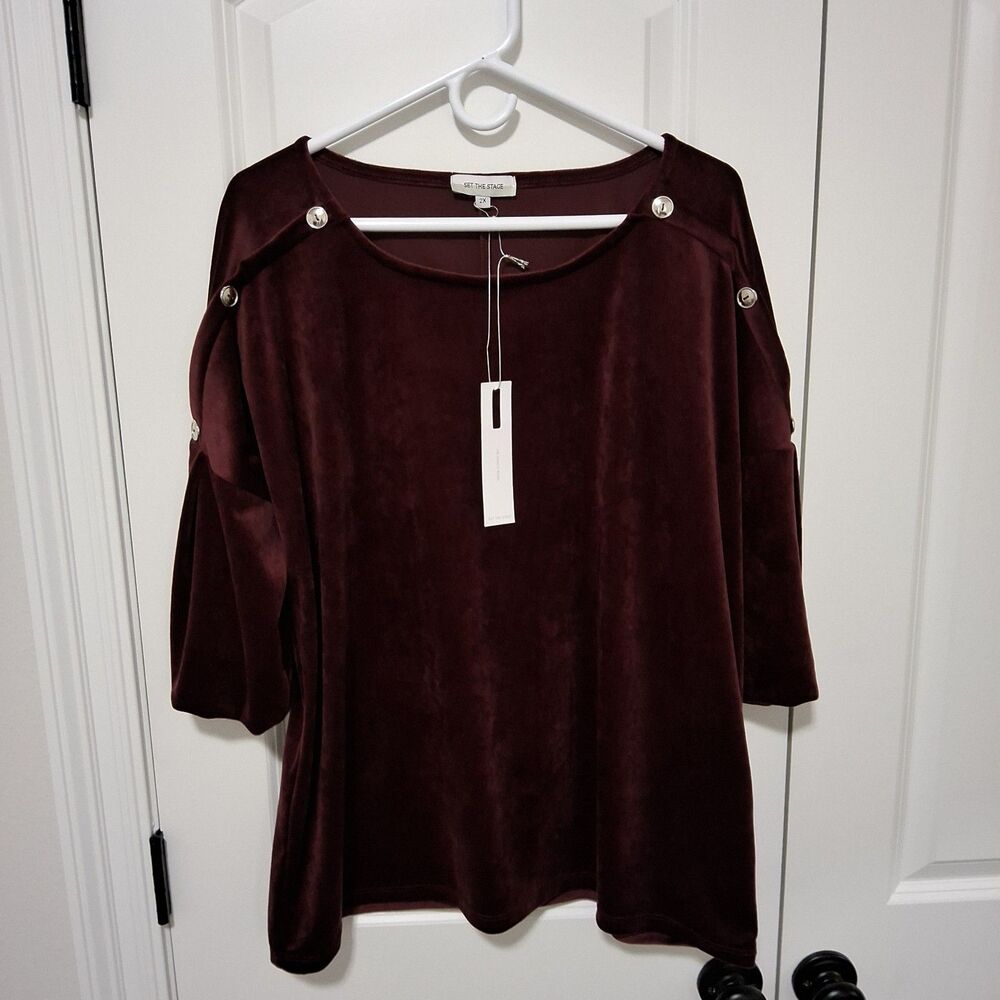 Set the Stage Burgundy Velvet 3/4 Sleeve Top Blouse Plus Size 2X Fashion NWT